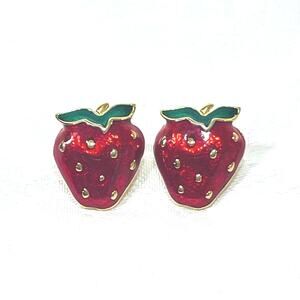 Earrings Vtg Avon Very Berry Strawberry Stud Enamel 90s Gold Tone